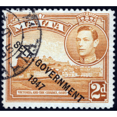 Мальта 1953 - 2 P - 1953 Король Георг VI - Victoria and the Citadel, Gozo Наддрукований напис «САМОВРЯДУВАННЯ – 1947»